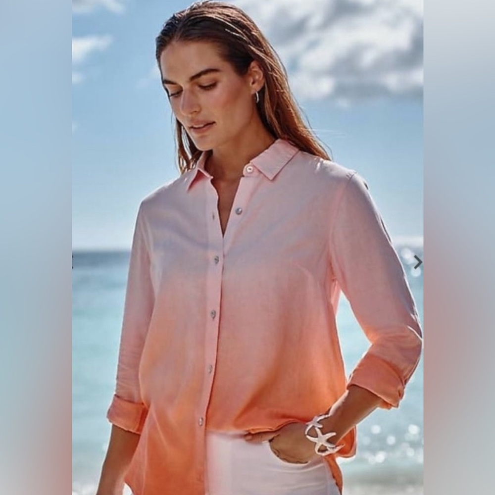 J. Jill Tie-Dye Ombre Pink and Orange Linen Button Down Shirt